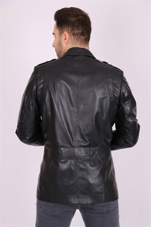 Erkek Siyah Hakiki Deri Yakalı Casual Klasik Ceket Mont