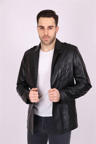 Erkek Siyah Hakiki Deri Yakalı Casual Klasik Ceket Mont