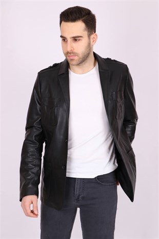 Erkek Siyah Hakiki Deri Yakalı Casual Klasik Ceket Mont