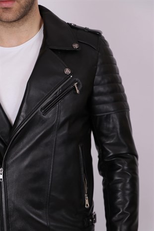 Erkek Siyah Hakiki Deri Yakalı Asimetrik Fermuarlı Spor Mont