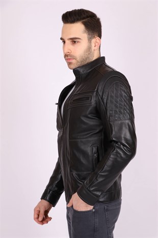 Erkek Siyah Hakiki Deri Hakim Yaka Omuzları Baklava Dikişli Spor Mont