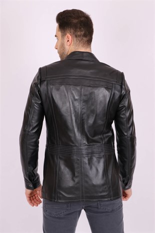 Erkek Siyah Hakiki Deri Yakalı Düğmeli Klasik Casual Mont