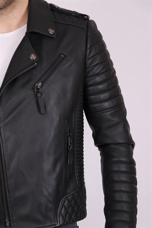 Erkek Siyah Hakiki Deri Yakalı Baklava Desenli Apoletli Spor Mont