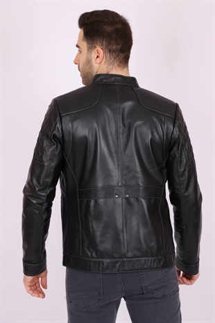 Erkek Siyah Hakiki Deri Hakim Yaka Omuzları Baklava Dikişli Spor Mont