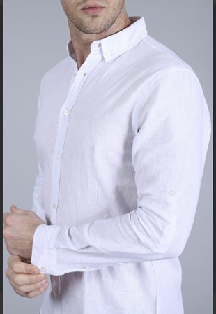 Erkek Beyaz Slim Fit Ham Keten Spor Gömlek