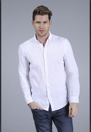 Erkek Beyaz Slim Fit Ham Keten Spor Gömlek