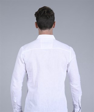 Erkek Beyaz Slim Fit Ham Keten Spor Gömlek
