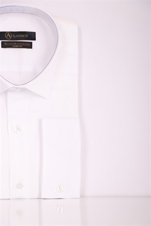 Erkek Beyaz Slim Fit Saten Pamuk Cepsiz Gömlek
