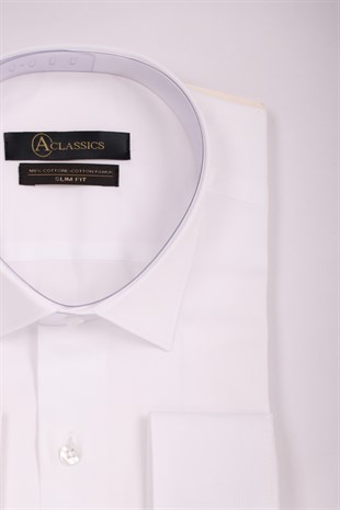 Erkek Beyaz Slim Fit Saten Pamuk Cepsiz Gömlek