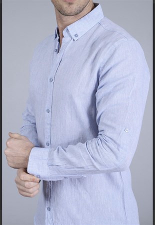 Erkek Mavi Slim Fit Ham Keten Spor Gömlek