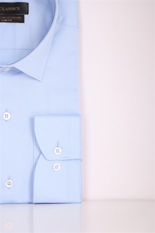 Erkek Mavi Slim Fit Saten Pamuk Cepsiz Gömlek