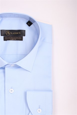 Erkek Mavi Slim Fit Saten Pamuk Cepsiz Gömlek