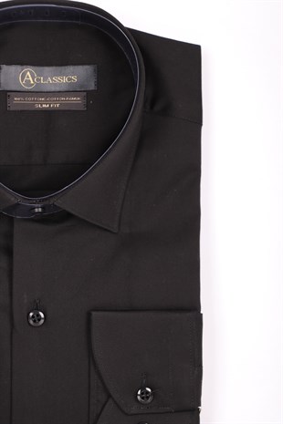 Erkek Siyah Slim Fit Saten Pamuk Cepsiz Gömlek