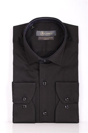 GÖMLEKErkek Siyah Slim Fit Saten Pamuk Cepsiz GömlekACLASSICS