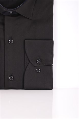 Erkek Siyah Slim Fit Saten Pamuk Cepsiz Gömlek