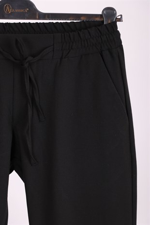 Kadın Siyah Beli Bağcıklı ve Lastikli Cepli  Spor Pantolon