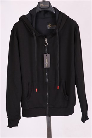 Siyah Kapüşonlu Fermuarlı Pamuk Spor Sweatshirt