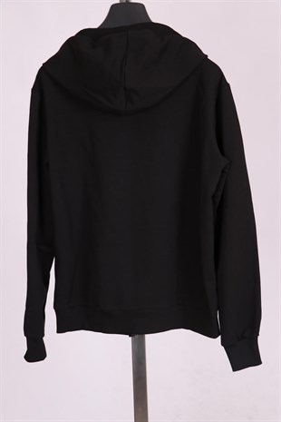 Siyah Kapüşonlu Fermuarlı Pamuk Spor Sweatshirt