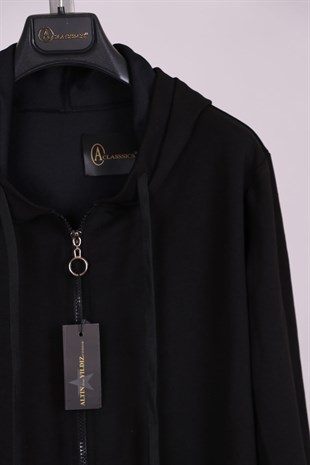 Siyah Kapüşonlu Fermuarlı Pamuk Spor Sweatshirt