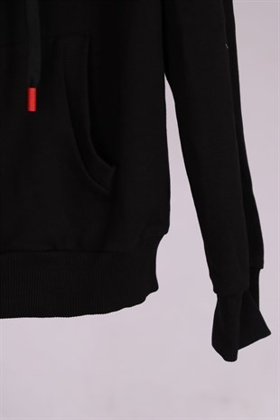 Siyah Kapüşonlu Fermuarlı Pamuk Spor Sweatshirt