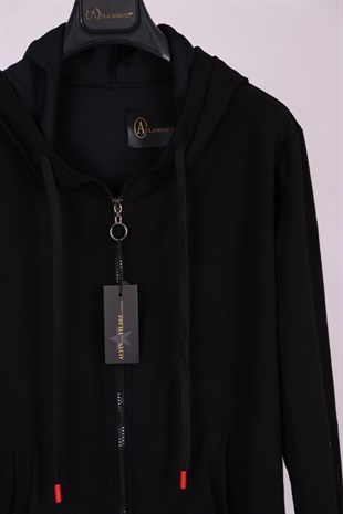 Siyah Kapüşonlu Fermuarlı Pamuk Spor Sweatshirt