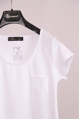 Beyaz Bisiklet Yaka Cep Detaylı Yarım Kollu Slim Fit Pamuk T-Shirt
