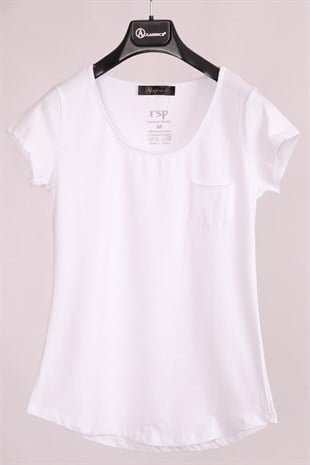 T-ShirtBeyaz Bisiklet Yaka Cep Detaylı Yarım Kollu Slim Fit Pamuk T-ShirtACLASSICS