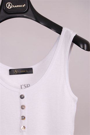 Beyaz Kalın Askılı Düğme Detaylı Pamuk Slim Fit  Atlet  T-Shirt