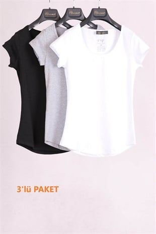 T-ShirtBeyaz Siyah Gri Bisiklet Yaka Cep Detaylı Slim Fit Pamuk 3'Lü Paket T-ShirtACLASSICS