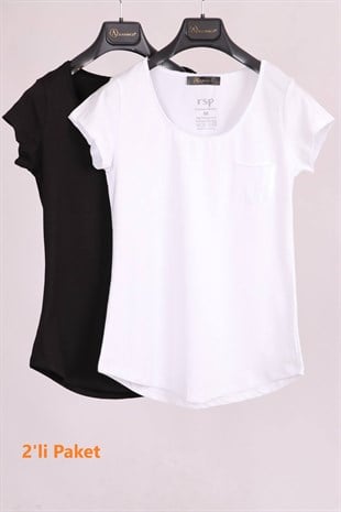 T-ShirtSiyah Beyaz Bisiklet Yaka Cep Detaylı Yarım Kollu Slim Fit Pamuk 2'li Paket T-ShirtACLASSICS