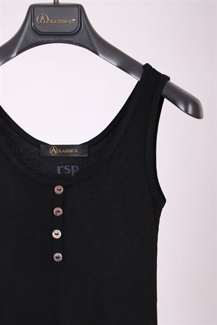Siyah Kalın Askılı Düğme Detaylı Pamuk Slim Fit  Atlet  T-Shirt