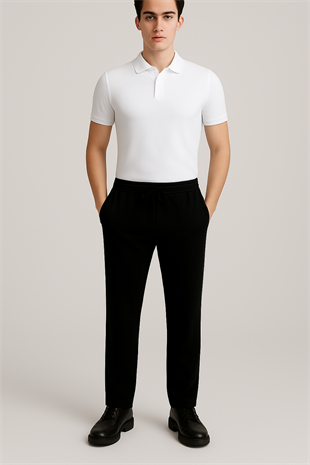 Erkek Siyah Beli Lastikli ve Bağcıklı Pamuklu Spor Jogger Pantolon