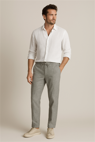 Erkek Gri Beli Lastikli ve Bağcıklı Keten Spor Jogger Pantolon