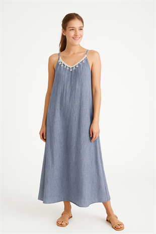 Kadın Mavi Askılı Uzun Keten Dokulu Rahat Elbise