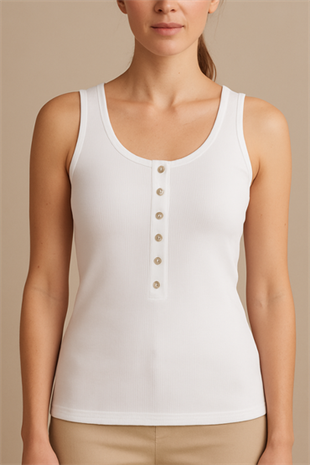 Beyaz Kalın Askılı Düğme Detaylı Pamuk Slim Fit  Atlet  T-Shirt