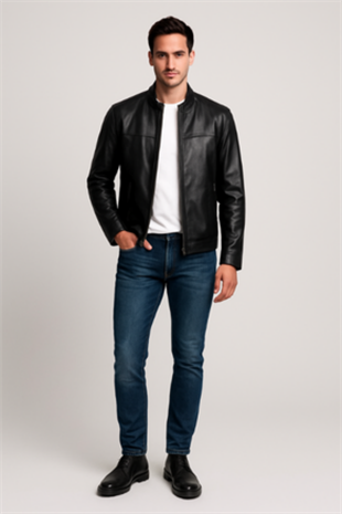 Erkek Siyah Hakim Yaka Hakiki Deri Ceket Mont