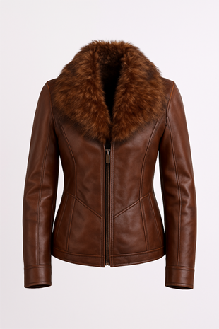 Kadın Kahverengi Kürklü Yaka Casual Slim Hakiki Deri Ceket 