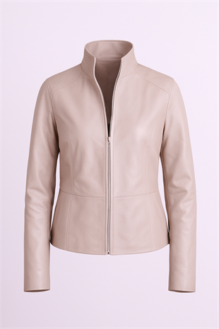 Kadın Bej Hakim Yaka Hakiki Deri Casual Slim Ceket