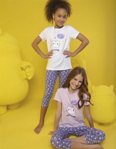 Donella Kedi Baskılı Kız Çocuk Kapri Pijama Takımı - 10078