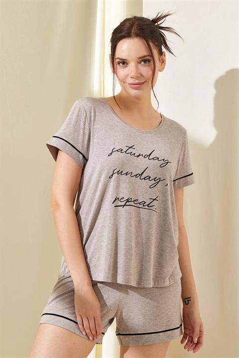 Gecelik&PijamaCarolineCaroline Kısa Kollu T-shirt-Şort Pijama Takımı Vizon