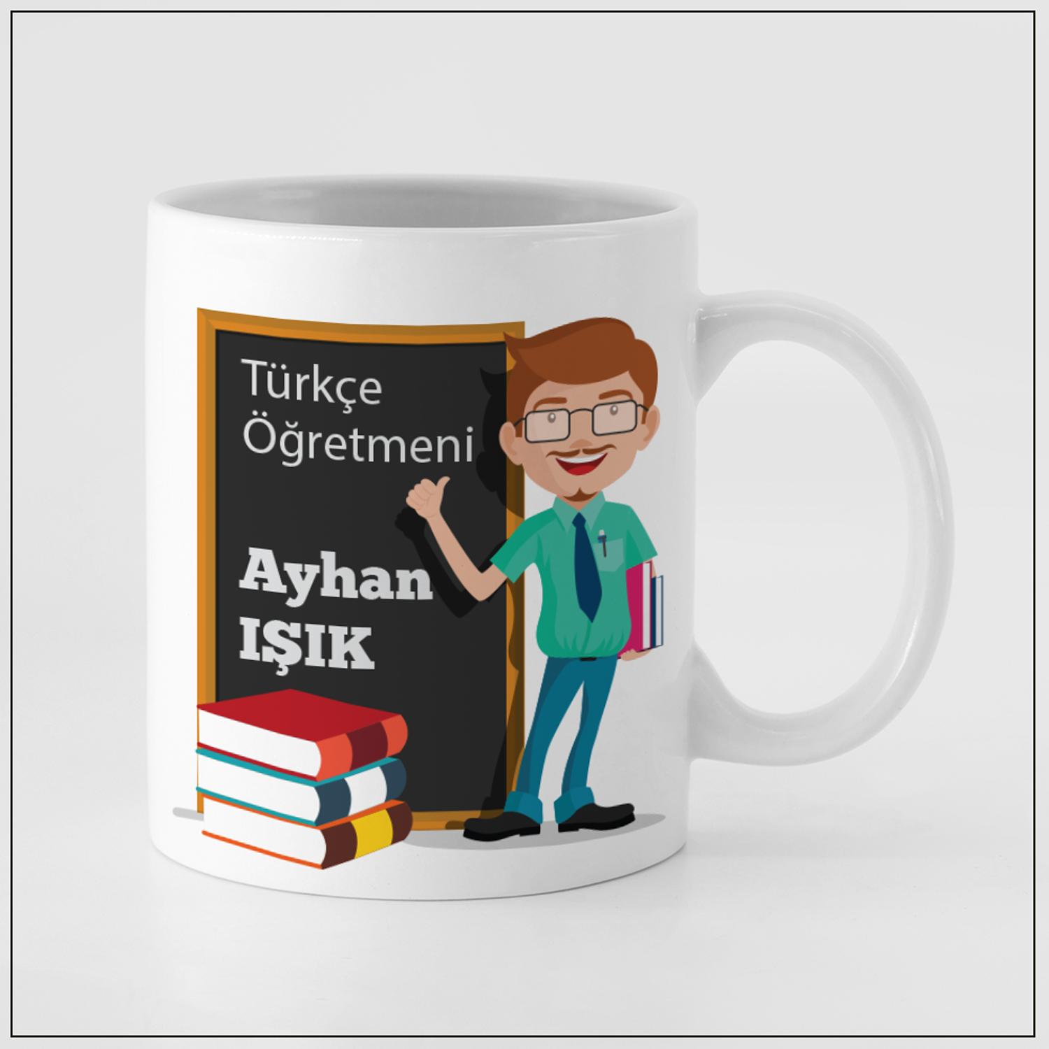 Erkek Türkçe Öğretmeni Karikatürlü ve İsim Yazılı Kişiye Özel Kupa Bardak