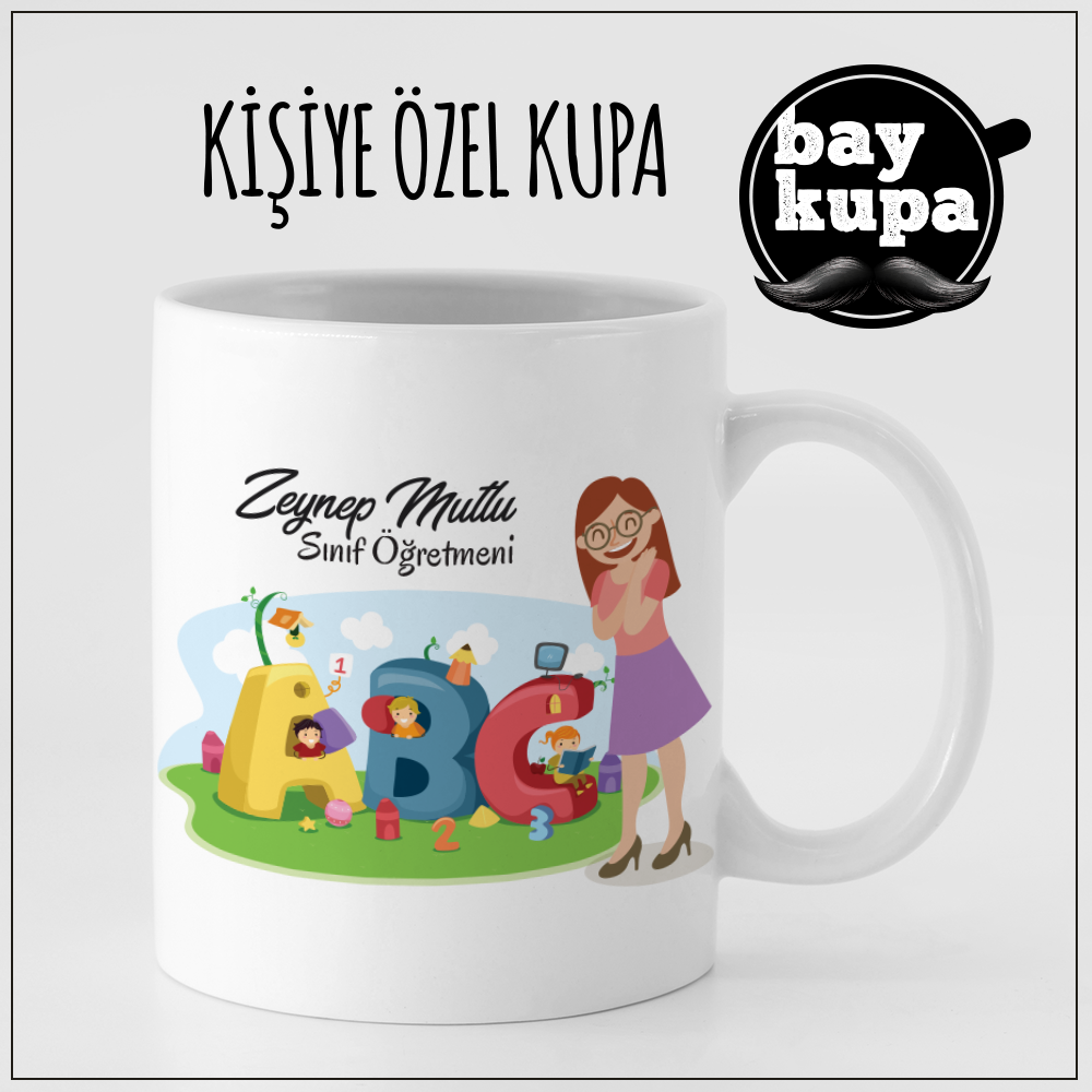 Sınıf Öğretmeni Temalı ABC ve Karikatür Tasarımlı İsme Özel Kupa Bardak
