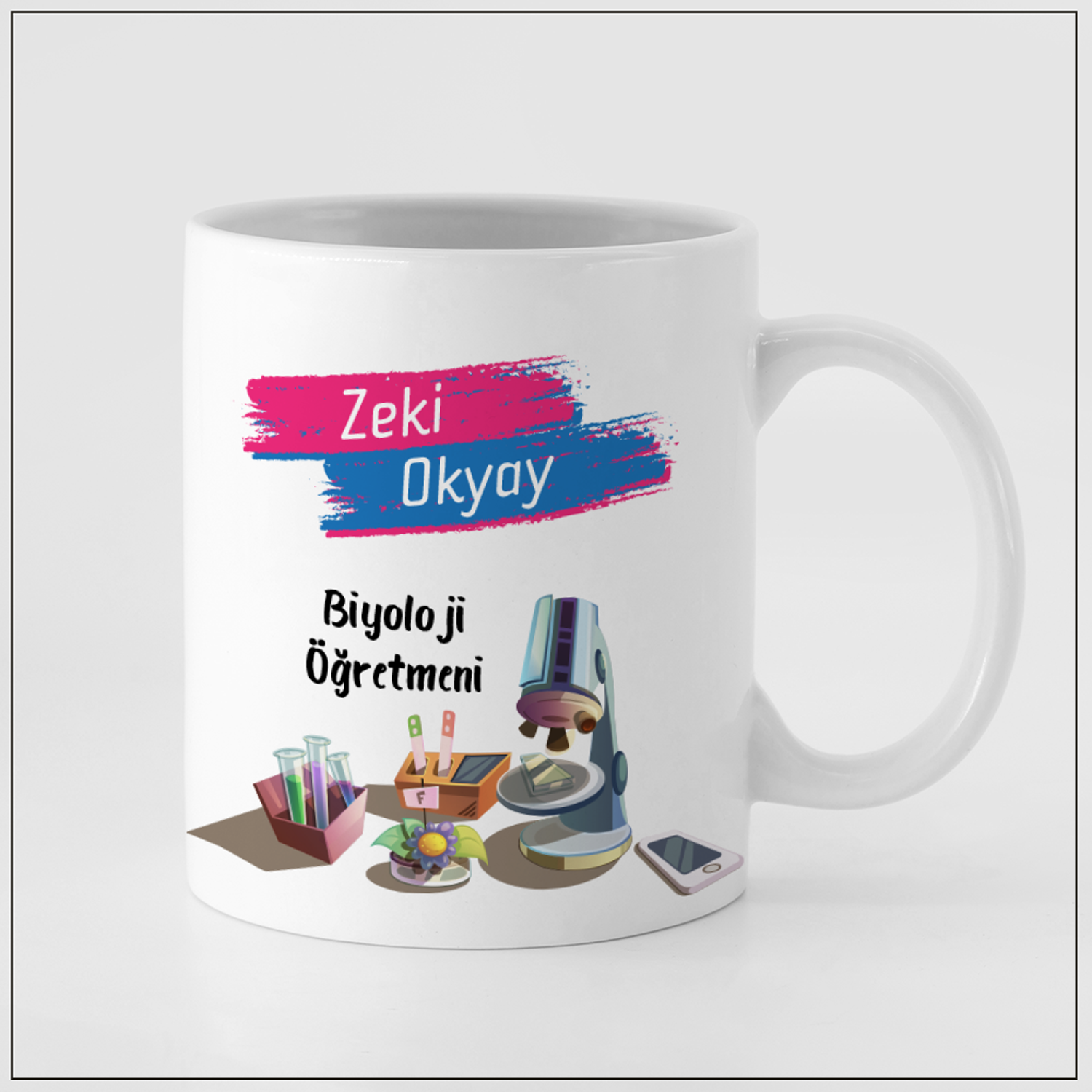 Biyoloji Öğretmeni Mikroskop ve Deney Temalı İsme Özel Kupa Bardak