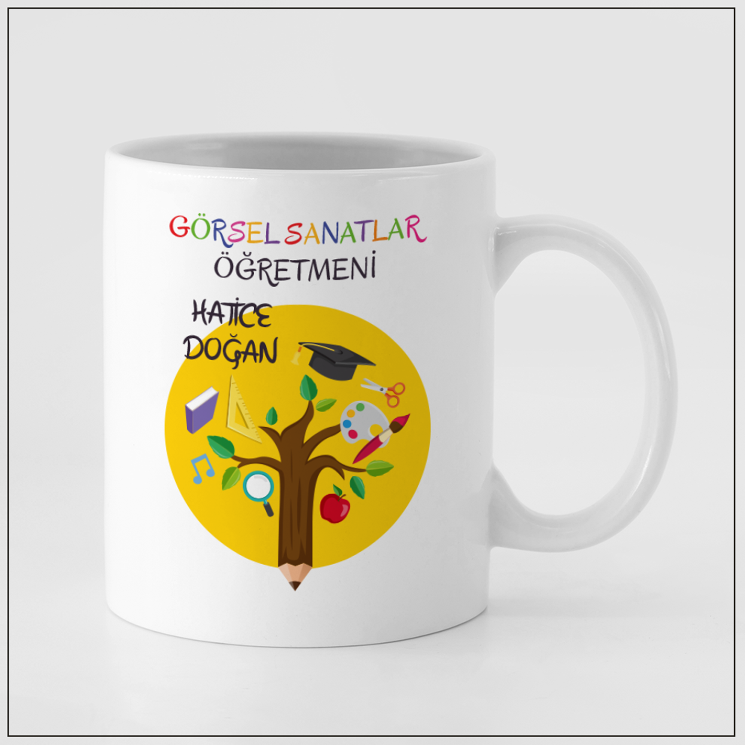 Görsel Sanatlar Öğretmeni Temalı Kalem ve Bilgi Ağacı Tasarımlı İsme Özel Kupa Bardak