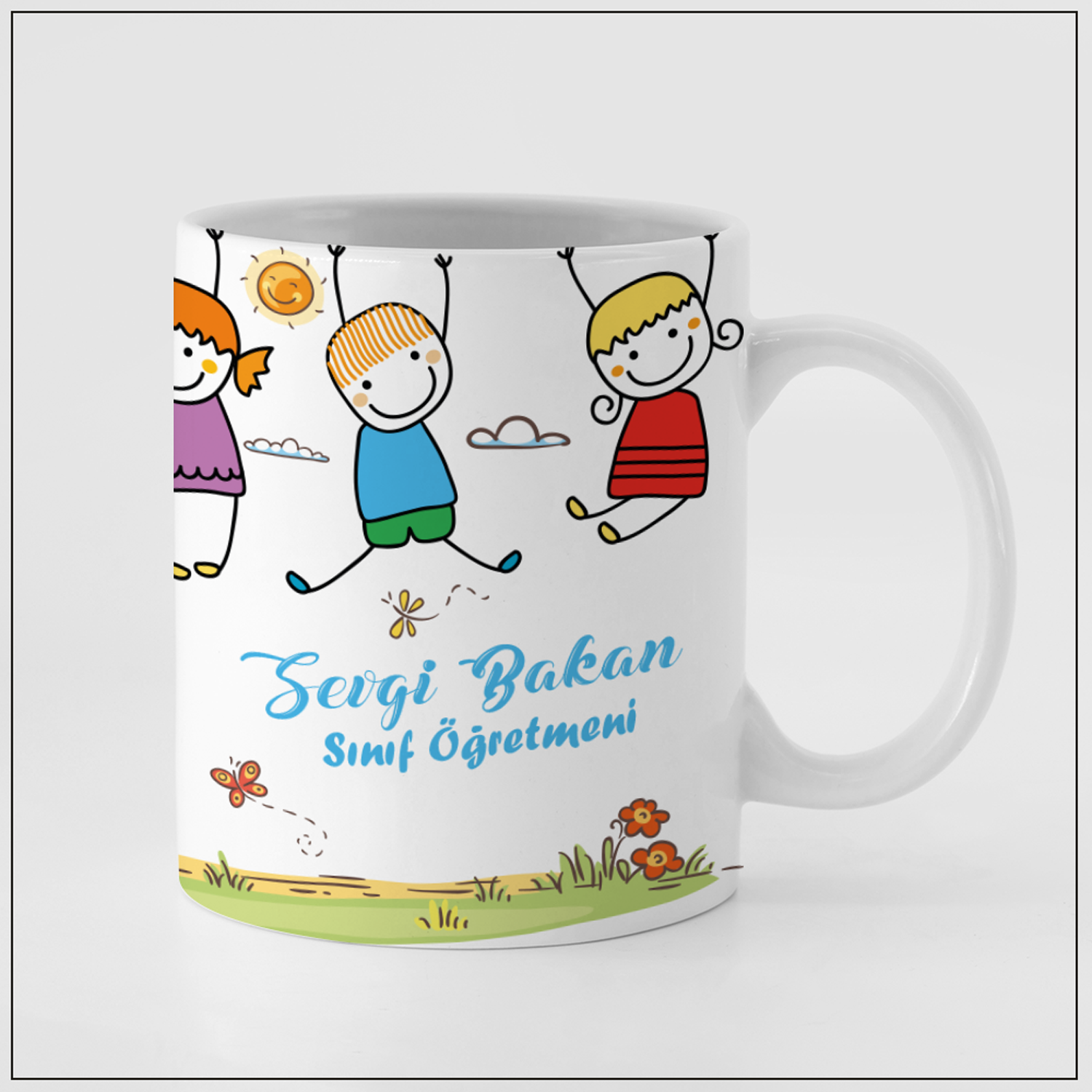 Mutlu Çocuklar Temalı Sınıf Öğretmeni İçin İsimli Kupa Bardak