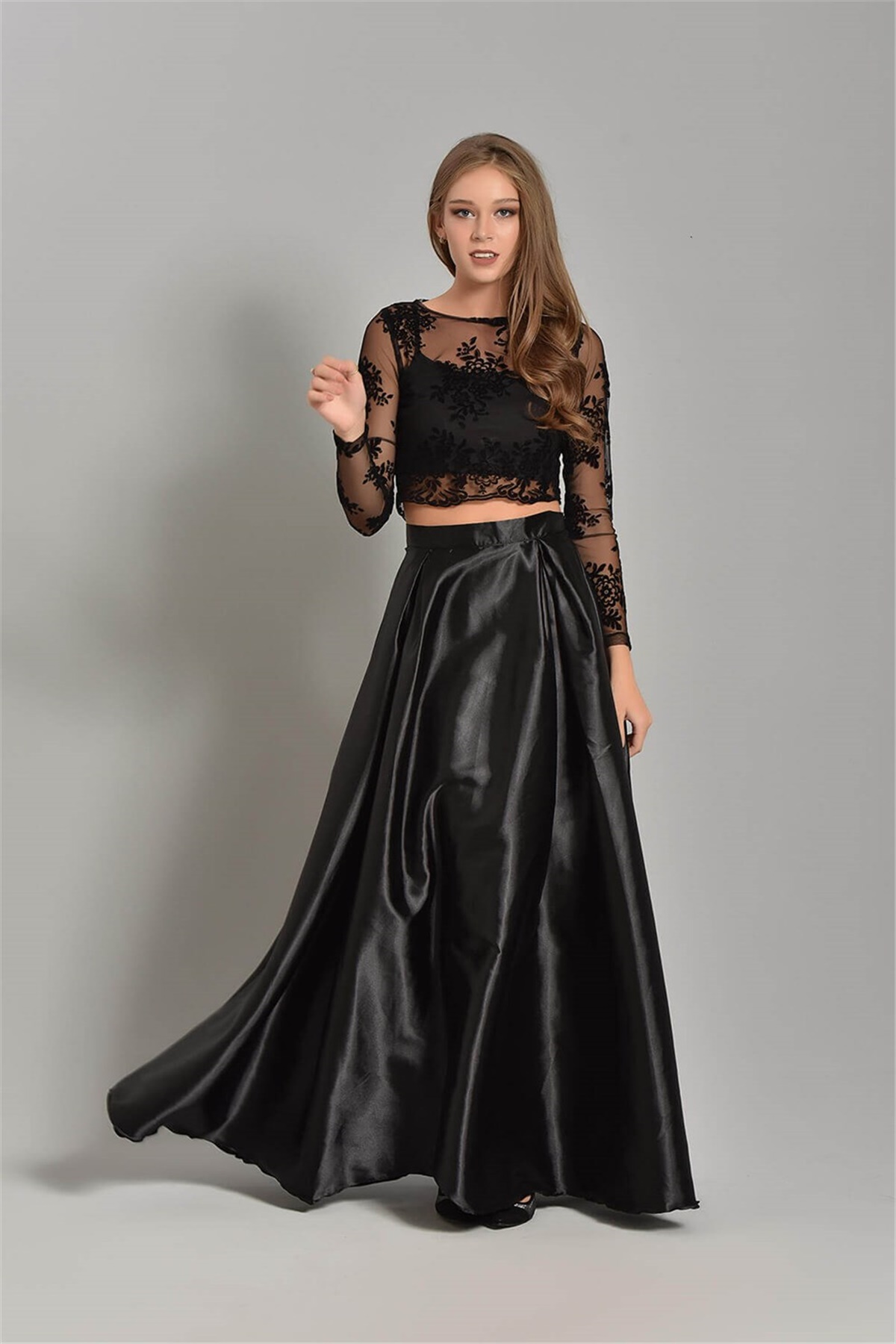 Siyah Saten Etek & Güpür Bluz Abiye Elbise - Moda Kapımda İle Kapınızda!