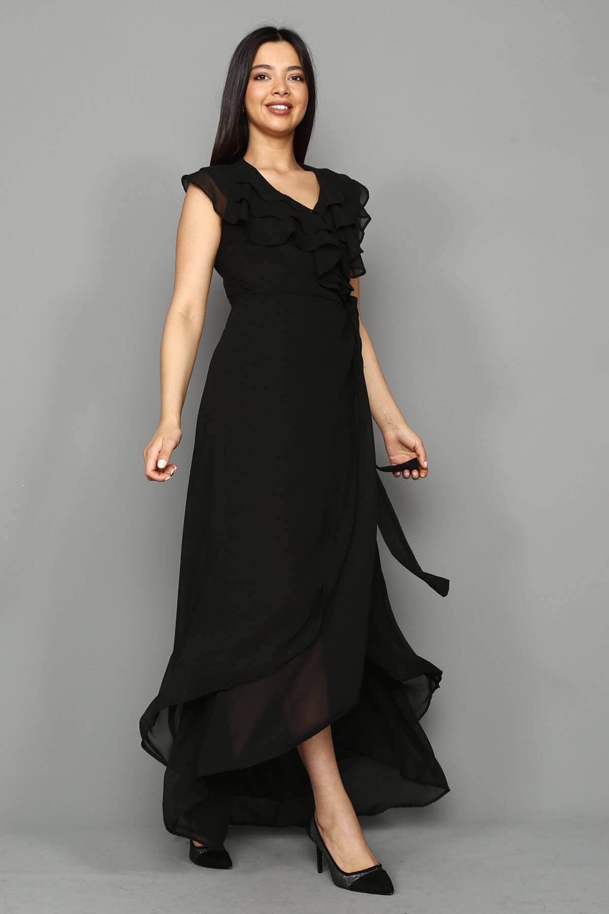 Siyah Fırfırlı Şifon Elbise - Moda Kapımda İle Kapınızda!