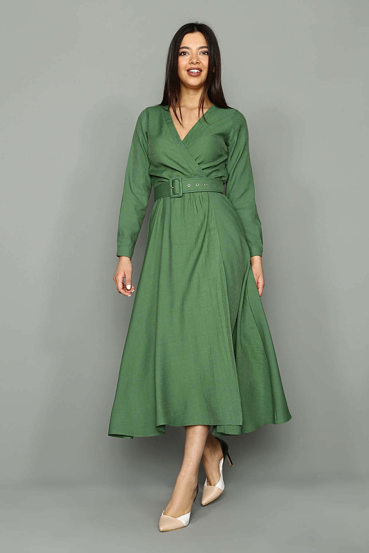 Yeşil Krep Kumaş Kemerli Elbise