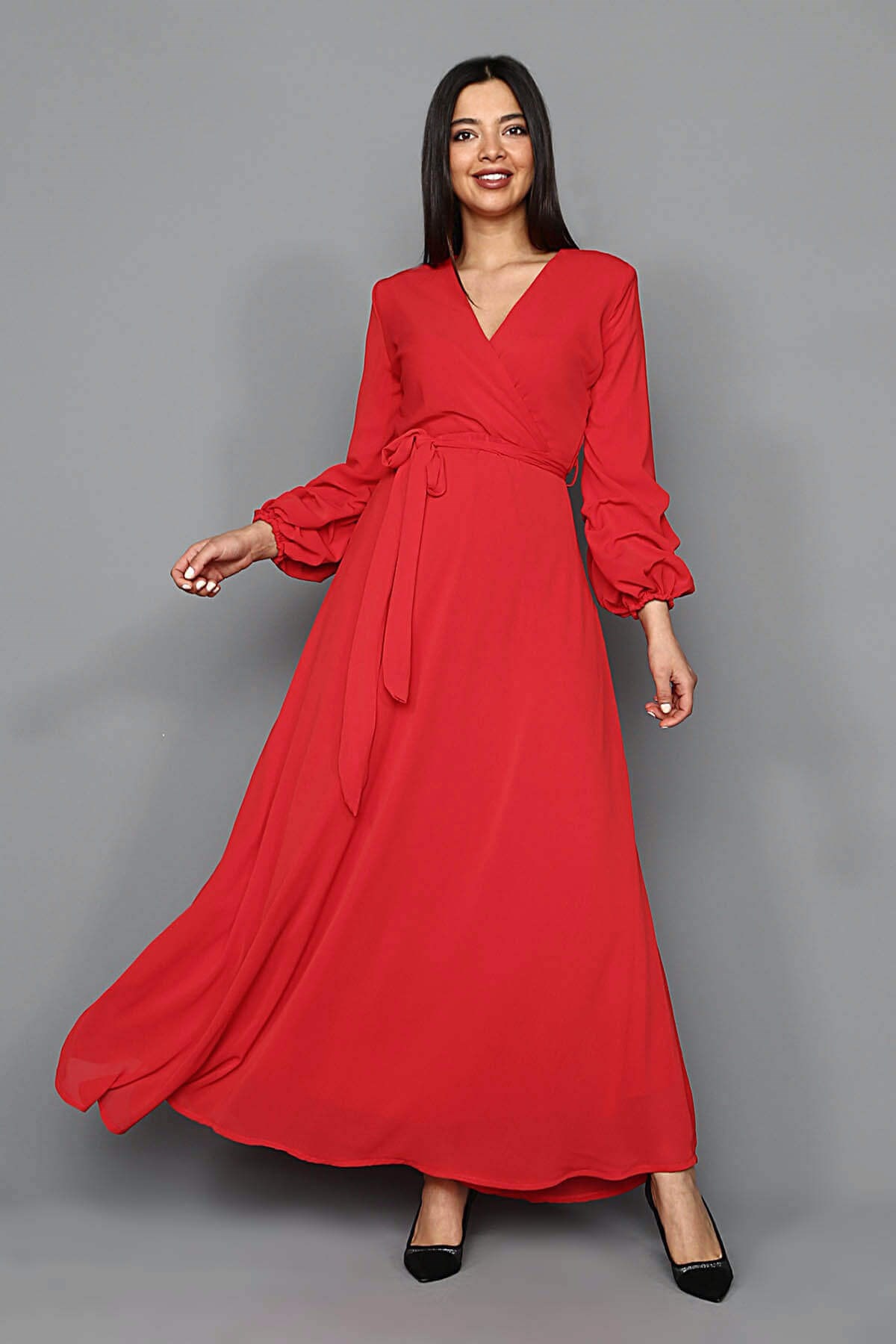 Kırmızı Uzun Şifon Elbise