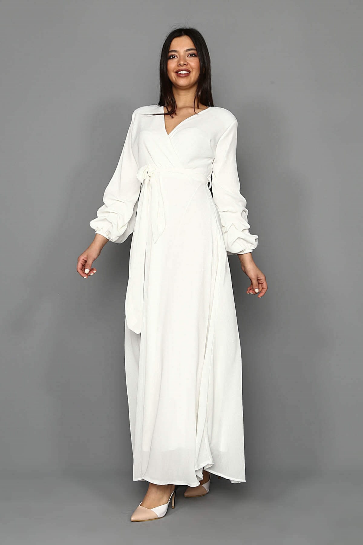 Beyaz Uzun Şifon Elbise - Moda Kapımda İle Kapınızda!